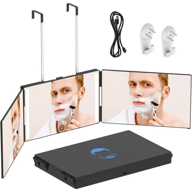 Wattne 3 Way Mirror with LED for Hair Cutting,Tri-fold Mirror for Shaver and Makeup,Adjustable Telescoping Hooks-with LED Version