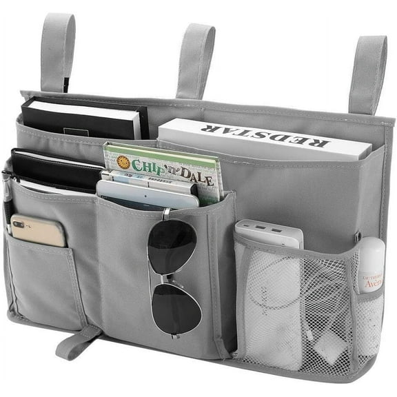 Wattne Bedside Caddy, Hanging Storage Bag Holder Beside Organizer with 8 Pockets for Bunk Dorm Rooms and Hospital Bed Rails, Grey