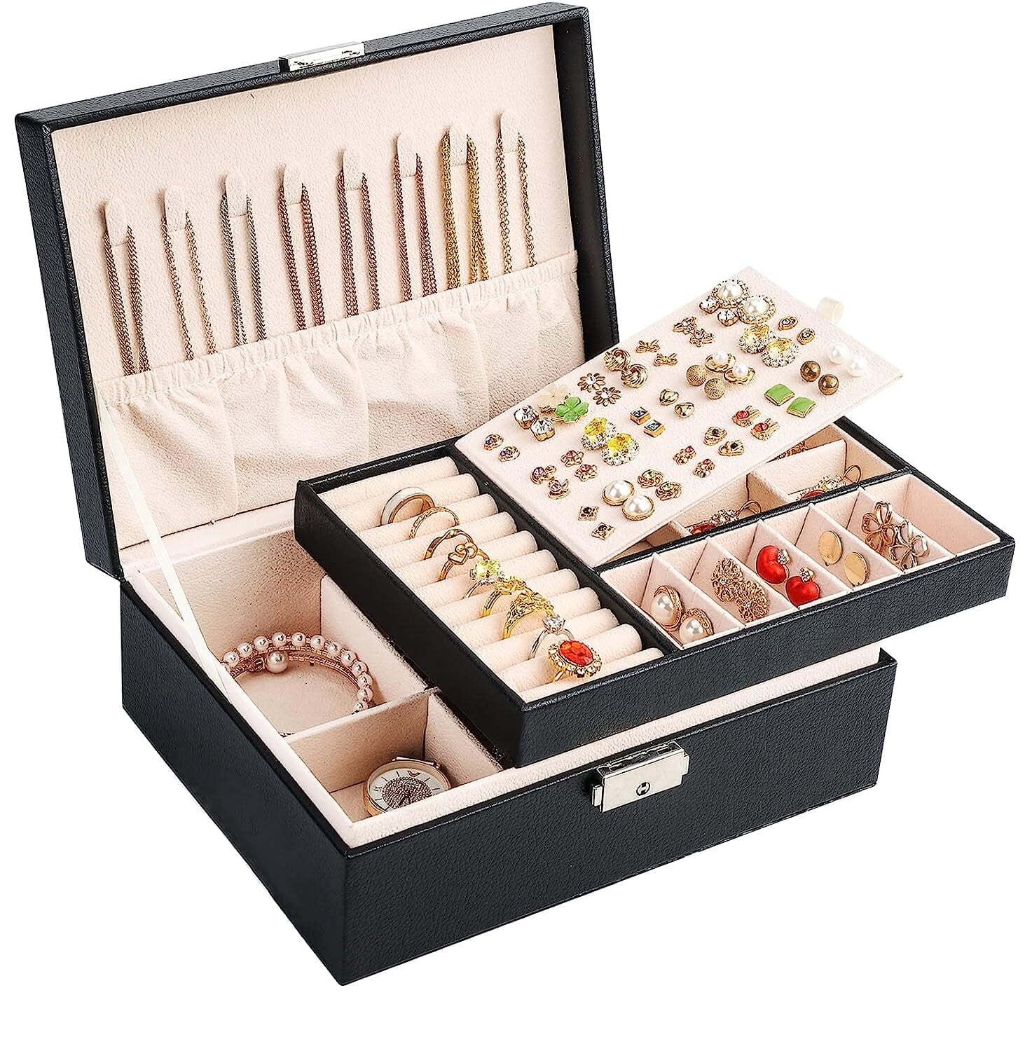 Wattne Jewelry Box Organizer for Women Girls, 2 Layer Large Men Storage Case, PU Leather Display Jewellery Holder with Removable Tray for Necklace Earrings Rings Bracelets, Vintage Gift,Black