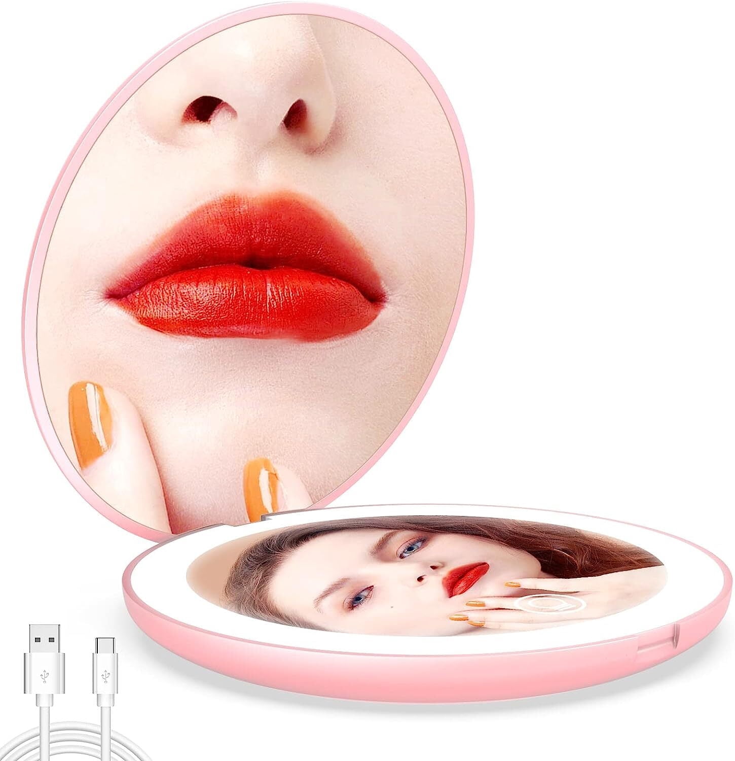 Wattne LED Lighted Compact Makeup Mirror, Rechargeable Travel Magnifying Mirror, Handheld Purse Mirror, 1X/ 10X Magnification, Folding Travel Mirror with Light, 3.5” Round,Portable,Pink, Sweet Gift