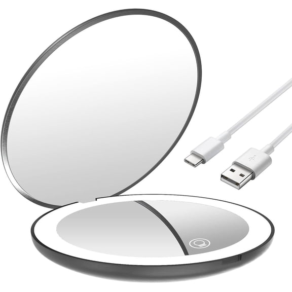 Wattne LED Lighted Travel Makeup Mirror, Rechargeable with 10x/1x Magnifying & Dimmable - Compact, Portable, Handheld 3.5” Round Hand Mirror for Handbag and Purses (Black)