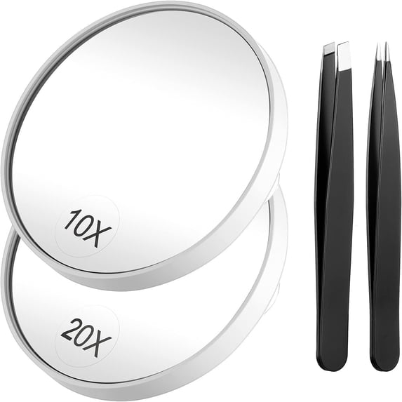 Wattne Magnifying Mirror and Tweezers Kit, 10X & 20X Magnifying Makeup Mirrors with 2 Suction Cups, Portable Magnifier Travel Set for Eyebrow Tweezing, Blackhead Blemish Removal, 3.5 Inch (Mirror)