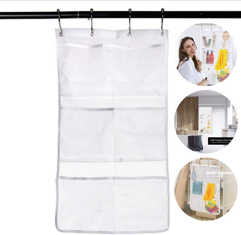 Wattne Mesh Shower Caddy Curtains Organizer Hanging Bathroom Curtain Rod Liner Hooks Accessories With 6 Pockets Save E In Small Tub 4 Rings White Com