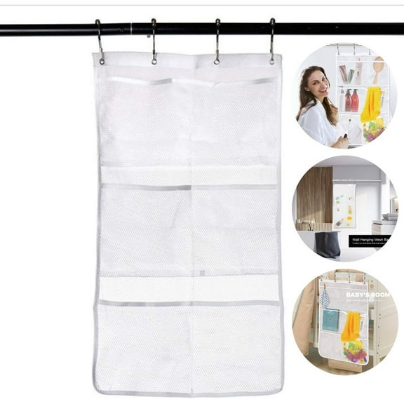 Wattne Mesh Shower Caddy Curtains Organizer, Hanging Bathroom Shower Curtain Rod Liner Hooks Accessories with 6 Pockets Save Space in Small Bathroom Tub 4 Rings (6 Pockets, white)