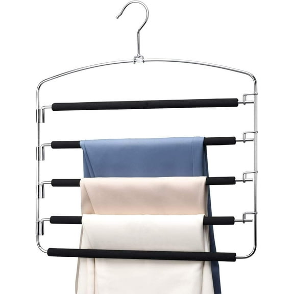 Wattne Pants Hangers 1 Pieces, Swing Arm Trousers Hanger, Space Saving Pants Rack, 5 Layers Jeans Hangers with Non-Slip, Multiple Pants Hanger Closet Organizer for Trousers Scarves Ties (Black)