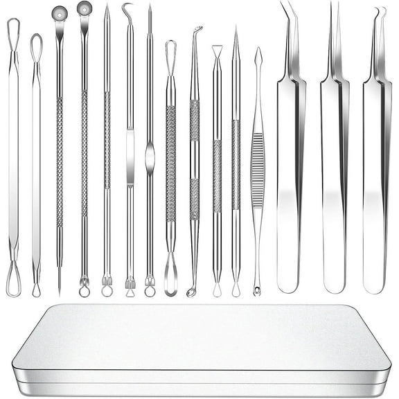 Wattne Pimple Popper Tool, 15 PCS Blackhead Remover Tools Kit, Acne Extractor Tool, Professional Stainless Pimple Acne Blemish Removal Tools Set with Metal Case (Silver)