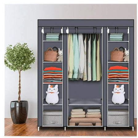 Wattne Portable Clothes Closet, Non-Woven Fabric Wardrobe with 1 Hanging Rod, 12 Storage Shelves, Storage Organizer, Gray