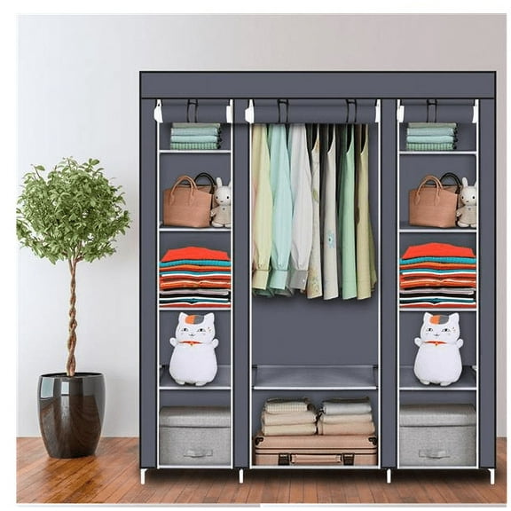 Wattne Portable Clothes Closet, Non-Woven Fabric Wardrobe with 1 Hanging Rod, 12 Storage Shelves, Storage Organizer, Gray