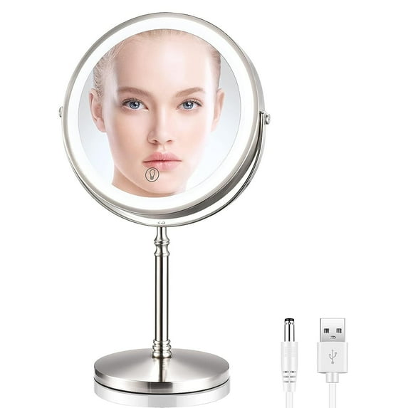 Wattne Rechargeable Lighted Makeup Mirror with 3 Color Lights, 8 Inch Magnifying Mirror Double Sided Led Vanity Mirror, 10X Magnification Cosmetic Light up Mirror (Brushed Nickel)