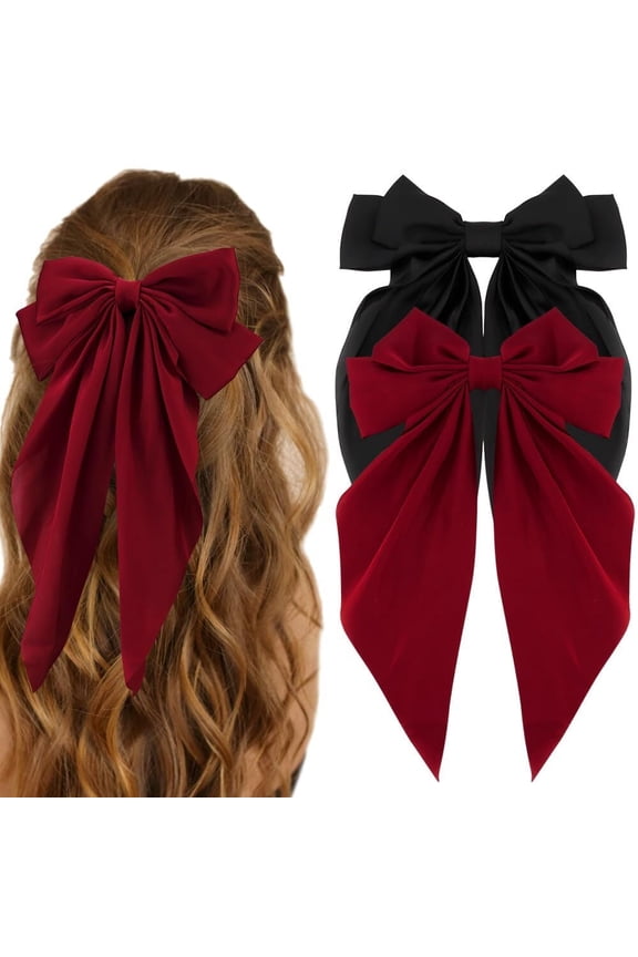 Silky Hair Bows 2Pcs Big Large Hair Bows for Women Hair Ribbons Oversized Long Tail Black Hair Bow Red Hair Bow Hair Barrettes Ribbon Metal Clips Bowknot Hair Accessories Christmas Gifts