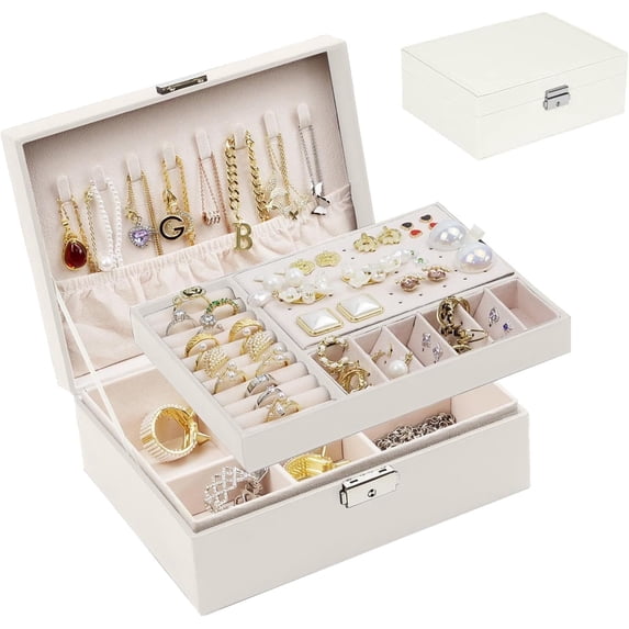 Wattne Travel Jewelry Box, PU Leather Large Jewelry Organizer for Women Girls, Double Layer Portable Travel Case Display Storage Holder Boxes for Stud Earrings, Rings, Necklaces, Bracelets (White)