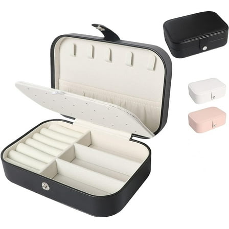 Wattne Travel Jewelry Box, Small Portable Jewelry Organizer Mini Jewelry Case for Women, Earing Organizer, Leather Portable Jewelry Storage Boxes for Rings Earrings Necklaces Bracelets (Black)