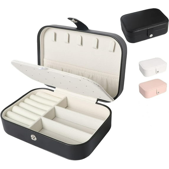 Wattne Travel Jewelry Box, Small Portable Jewelry Organizer Mini Jewelry Case for Women, Earing Organizer, Leather Portable Jewelry Storage Boxes for Rings Earrings Necklaces Bracelets (Black)