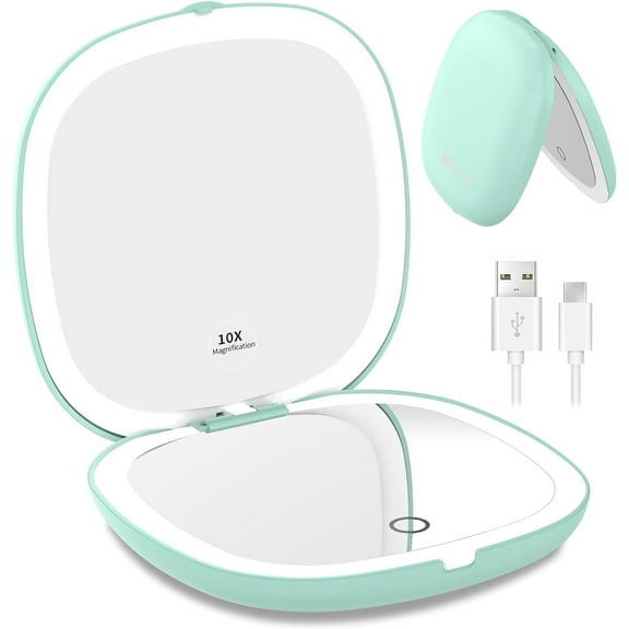 Wattne Travel Mirror with Light, Rechargeable 1x/10x Compact Magnifying Mirror, Dimmable Pocket Mirror,Handheld 2-Side Mirror with Light,3.5inch Travel Size,Portable for Handbag,Purse,Gift,Cyan