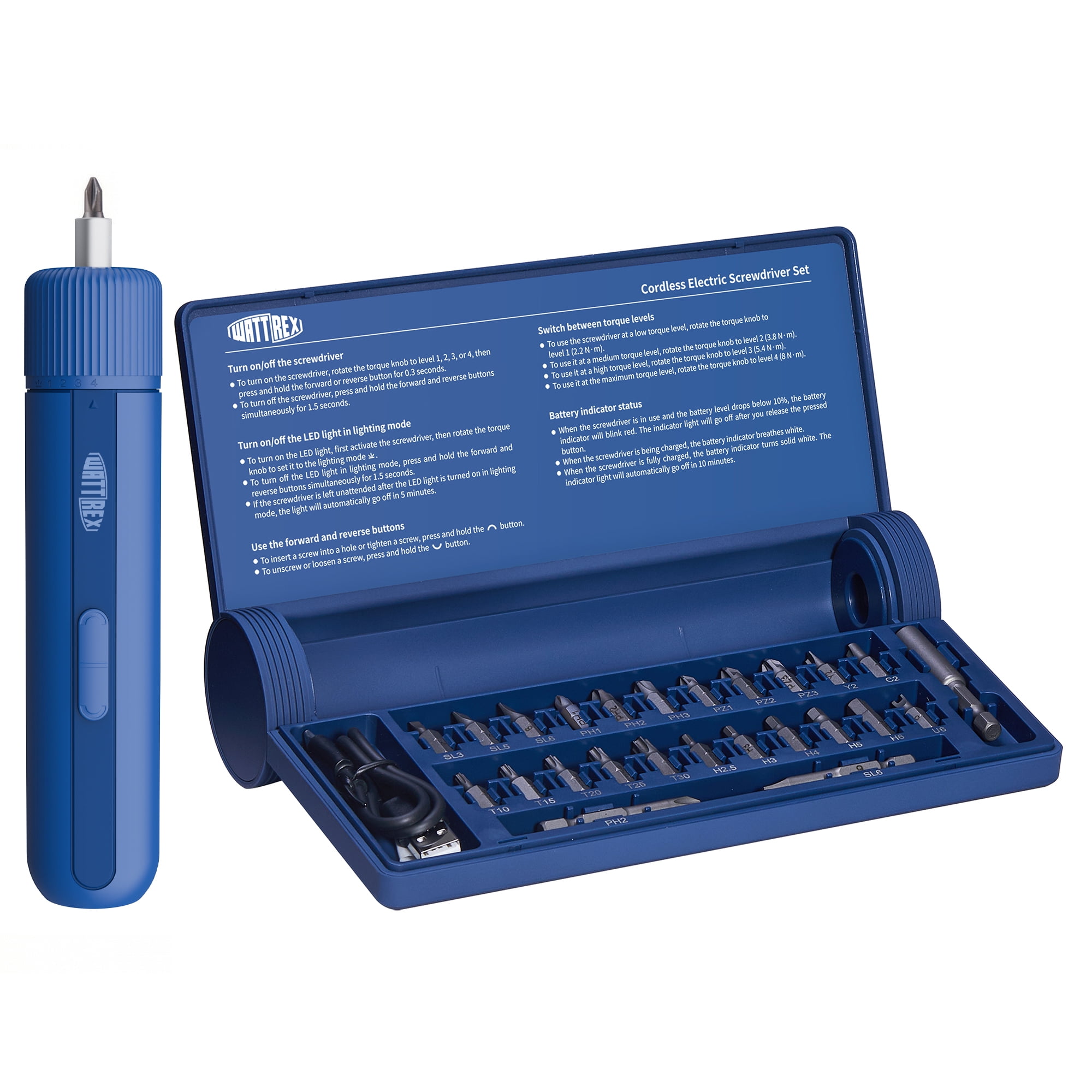 Wattrex 4V Electric Screwdriver Set, 4 Torque Settings, LED Light, 24 S2 Bits, Type-C Rechargeable, 2200mAh for DIY & Home Repair