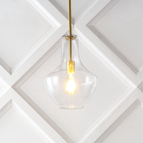 JONATHAN Y Watts 10.5" 1-Light Mid-Century Modern Iron/Glass LED Pendant, Brass Gold/Clear
