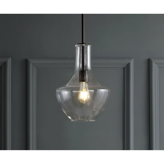 JONATHAN Y Watts 10.5" 1-Light Mid-Century Modern Iron/Glass LED Pendant, Oil Rubbed Bronze/Clear