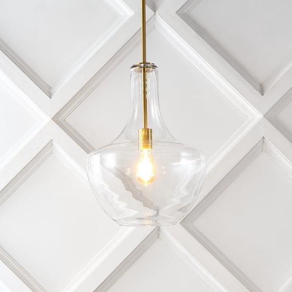 JONATHAN Y Watts 13.25" 1-Light Mid-Century Modern Iron/Glass LED Pendant, Brass Gold/Clear