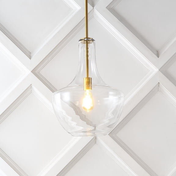 JONATHAN Y Watts 13.25" 1-Light Mid-Century Modern Iron/Glass LED Pendant, Brass Gold/Clear