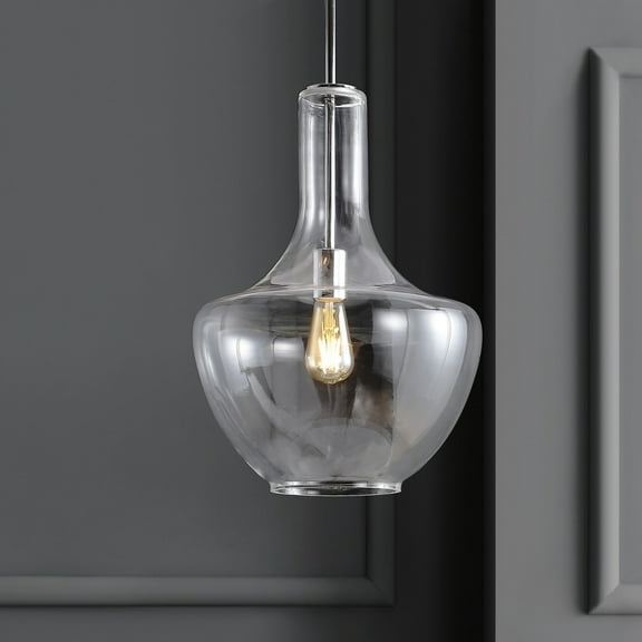 JONATHAN Y Watts 13.25" 1-Light Mid-Century Modern Iron/Glass LED Pendant, Chrome/Clear