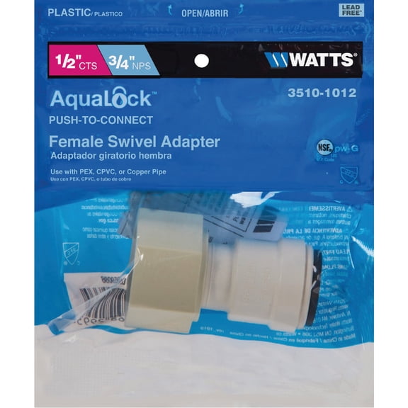 Watts 3510-1012 AquaLock Plastic Series, 1/2" CTS x 3/4" NPS Off-White Lead-Free Polysulfone Female Adapter Connector, O-Ring, Quick Push-to-Connect Design, Tool-Free Installation