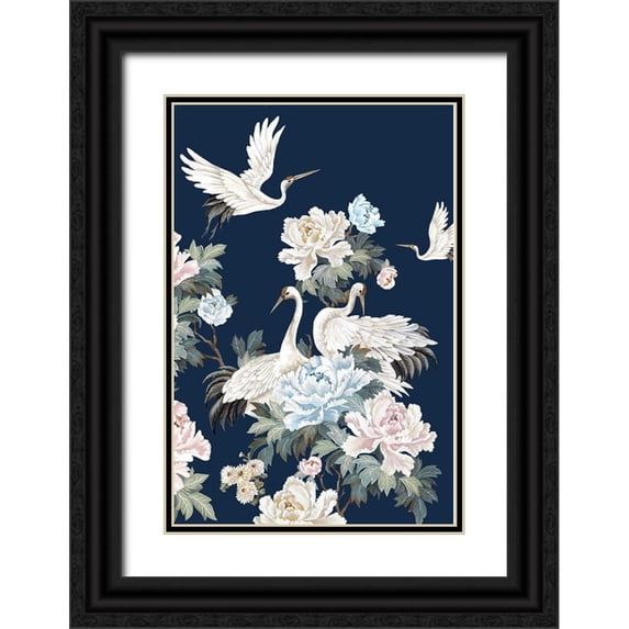 Watts, Eva 13x18 Black Ornate Wood Framed with Double Matting Museum Art Print Titled - Pearly White Cranes II