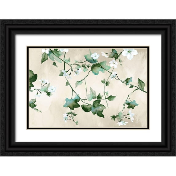 Watts, Eva 14x11 Black Ornate Wood Framed with Double Matting Museum Art Print Titled - Delicate Green Branches