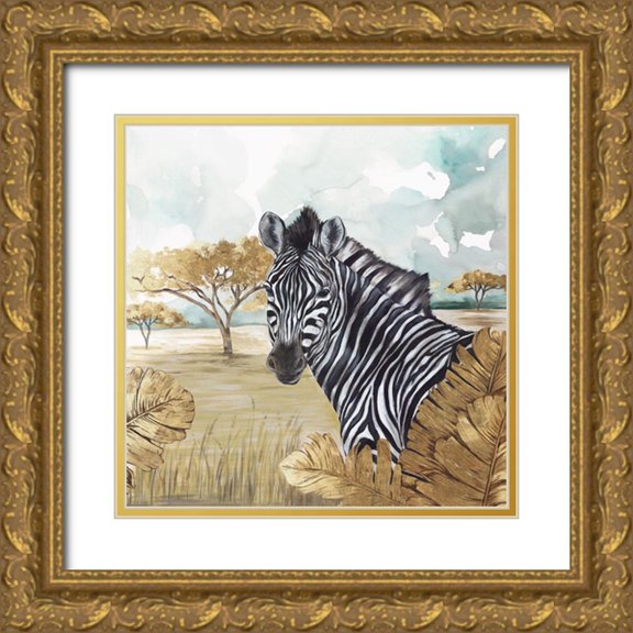 Watts, Eva 26x26 Gold Ornate Wood Framed with Double Matting Museum Art Print Titled - Golden Zebras