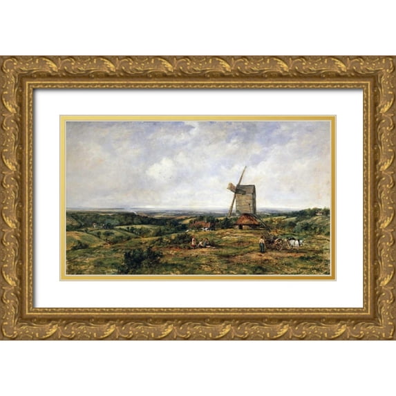 Watts, Frederick Waters 14x10 Gold Ornate Wood Framed with Double Matting Museum Art Print Titled - An Extensive Landscape With Figures By a Windmill
