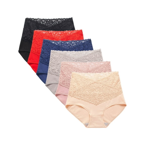 Wausea High Waisted Underwear for Women Cotton Panties Ladies Stretch Lace Briefs 6 Pack, Size 8