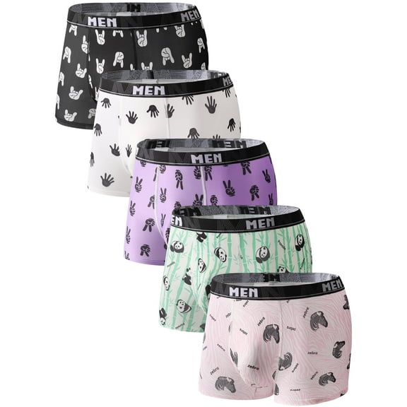 Wausea Men's Underwear, Soft Ice Silk Boxer Briefs for Men, Stretch Trunks 5 Pack,Animal Print,S