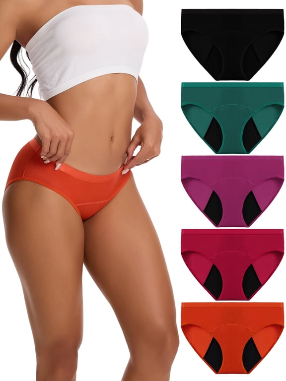 Period Underwear for Women & Teens - Reusable Leakproof Bikini Panties, 5-Pack (XS-4XL)
