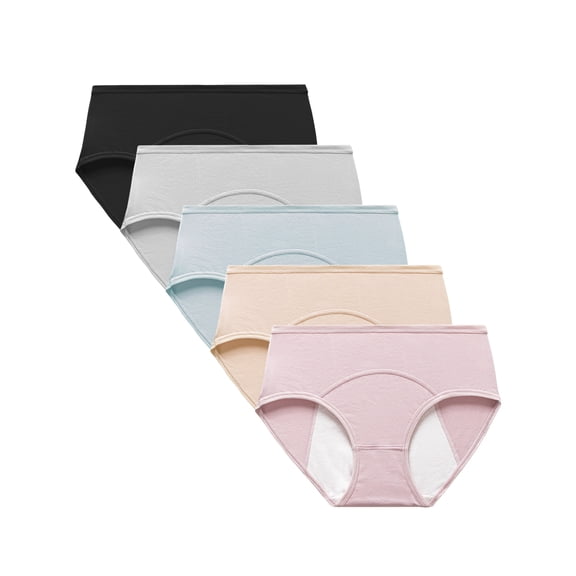 Wausea Women's Period Underwear Cotton Hipster Teens Menstrual Leakproof Panties 5-Pack, Sizes 4-10