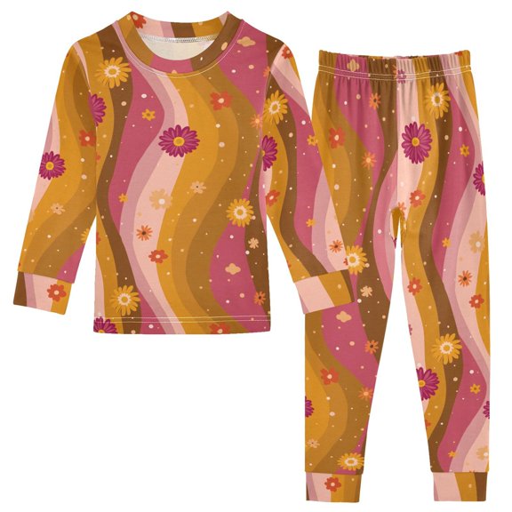 Wave Background Flowers Pattern Cotton Pajamas 2 Piece Set Sleepwear Soft and Comfortable Homewear Nightwear