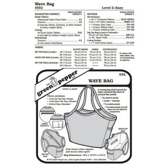 Wave Bag Carry All Purse Pack Tote #552 Sewing Pattern (Pattern Only)