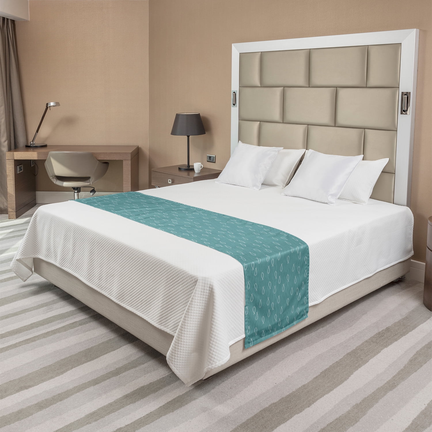 King White and Teal Polyester Satin Bed Runner Set