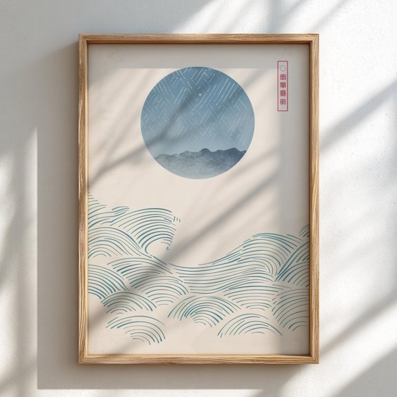 Wave Blue Ocean and Moon Japanese Style Wall Art Unframed Paper Print