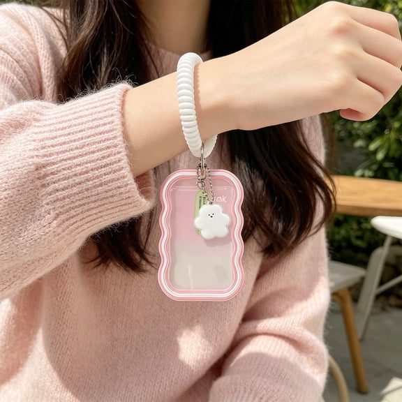 Wave Card Holder with Stretchable Coil Strap Clear ID Badge Holder for Students Cute Wavy Card Protector Case for School Office Commute Bus Pass Credit Card Organizer Lightweight Portable Accessory