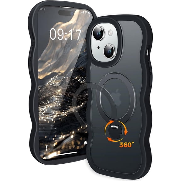 Wave Case for iPhone 15 Plus with 360 Spin Magnetic Stand, [Compatible with Mag-Safe] Cute Wavy Frame Translucent Matte Back MIL-Grade Shockproof Phone Case with Kickstand for iPhone 15 Plus, Black