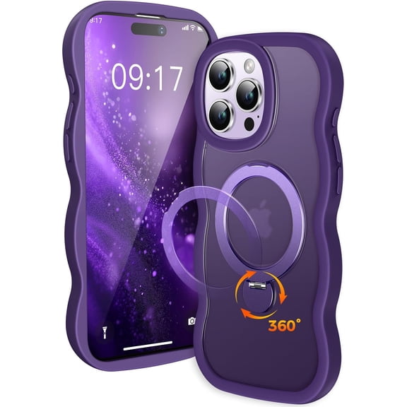 Wave Case for iPhone 15 Pro with 360 Spin Magnetic Stand, [Compatible with Mag-Safe] Cute Wavy Frame Translucent Matte Back MIL-Grade Shockproof Phone Case with Kickstand for iPhone 15 Pro, Purple