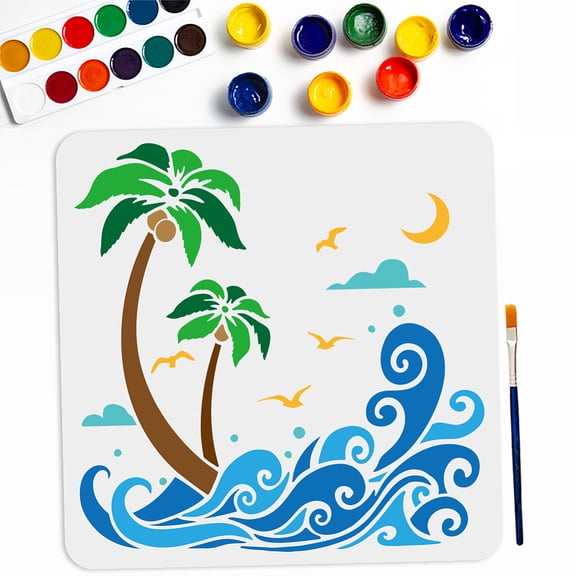 Wave Coconut Tree Stencil 11.811.8inch Large Summer Sea Beach Stencils with Paint Brush Ocean Palm Tree Seagull Moon Cloud Template