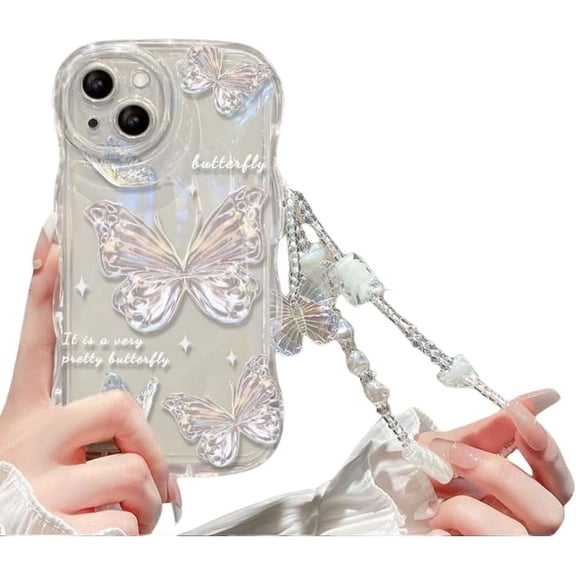 Wave Curl Border Butterfly Phone Case with or Without Glitter Pink Paper, with or Without Chain, Girly, for iPhone 15 14 13 12 11 Pro Max X XS XR 7 8 Phone Case (A8,iPhone 14)
