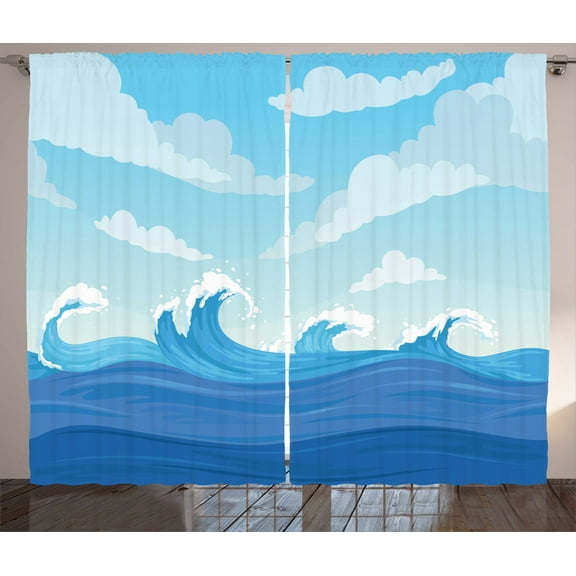 Ambesonne Wave Curtains 2 Panel Set, Blue Tones Ocean Illustration, 108" x 108", Dark Sky Blue Pale Blue