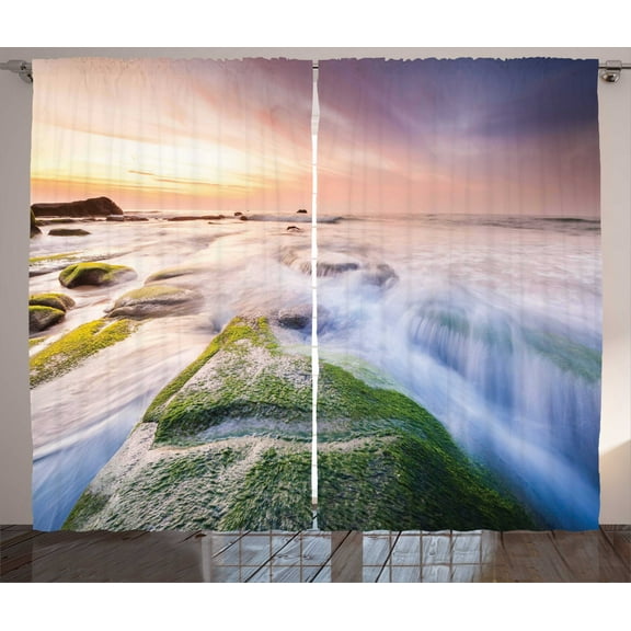 Wave Curtains 2 Panels Set, Malaysia Landmark Nature Wonders Photo of Fountains Stream Mossy Rocks with Ombre Sky, Window Drapes for Living Room Bedroom, 108"W X 90"L,Multicolor, by Ambesonne