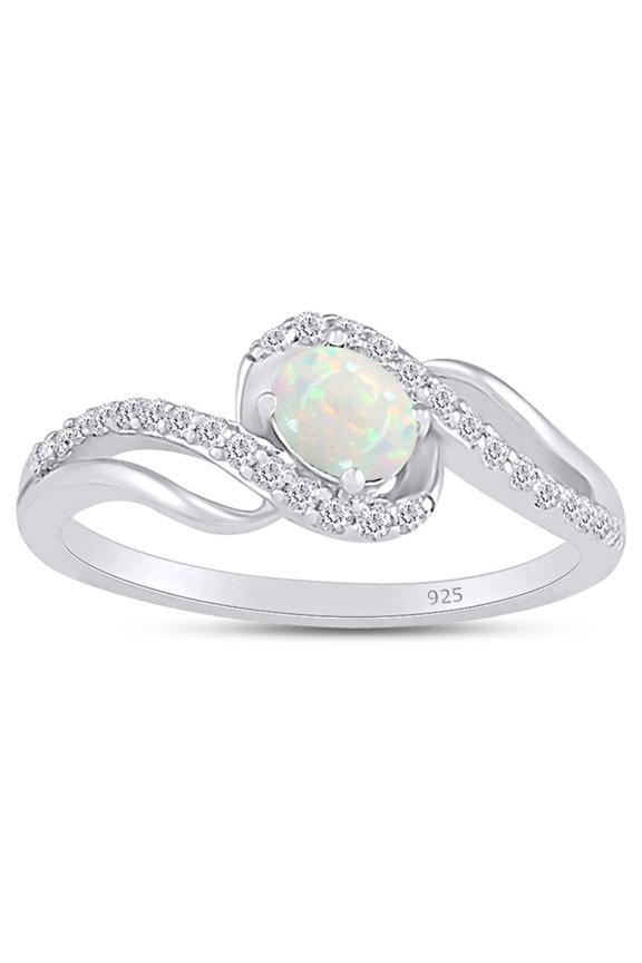 Wave Design, Oval Cut Lab Created Opal And Simulated White Sapphire Bypass Frame Promise Ring In 14k White Gold Over Sterling Silver Ring Size-6