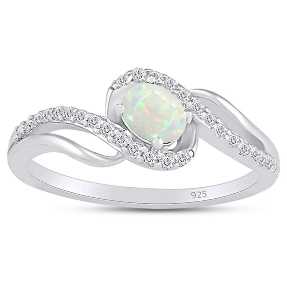 AFFY Wave Design, Oval Cut Lab Created Opal And Simulated White Sapphire Bypass Frame Promise Ring In 14k White Gold Over Sterling Silver Ring Size-9