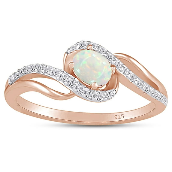 AFFY Wave Design, Oval Cut Lab Created Opal And Simulated White Sapphire Bypass Frame Promise Ring In 14k Yellow Gold Over Sterling Silver Ring Size-4