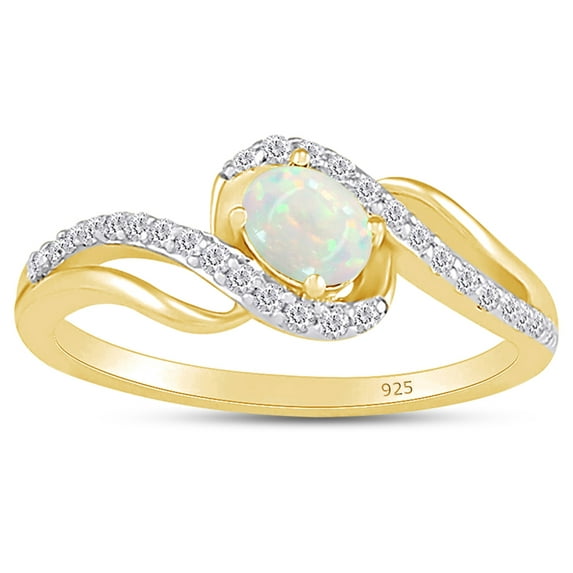 AFFY Wave Design, Oval Cut Lab Created Opal And Simulated White Sapphire Bypass Frame Promise Ring In 14k Yellow Gold Over Sterling Silver Ring Size-7