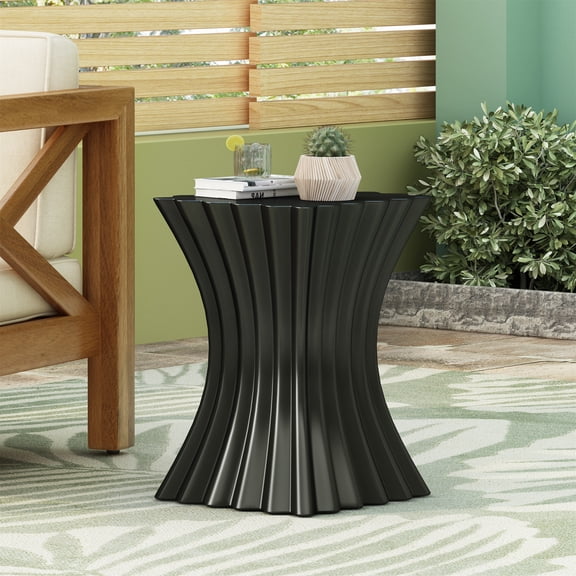Wave Design Side Table, Outdoor Lightweight Concrete End Table for Patio Balcony Garden, Black