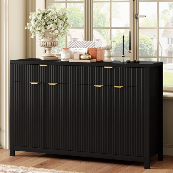 Wave Design Sideboard Cabinet Scandinavian with 2 Drawers 4 Doors Adjustable Shelves Aluminum Handles MDF Black